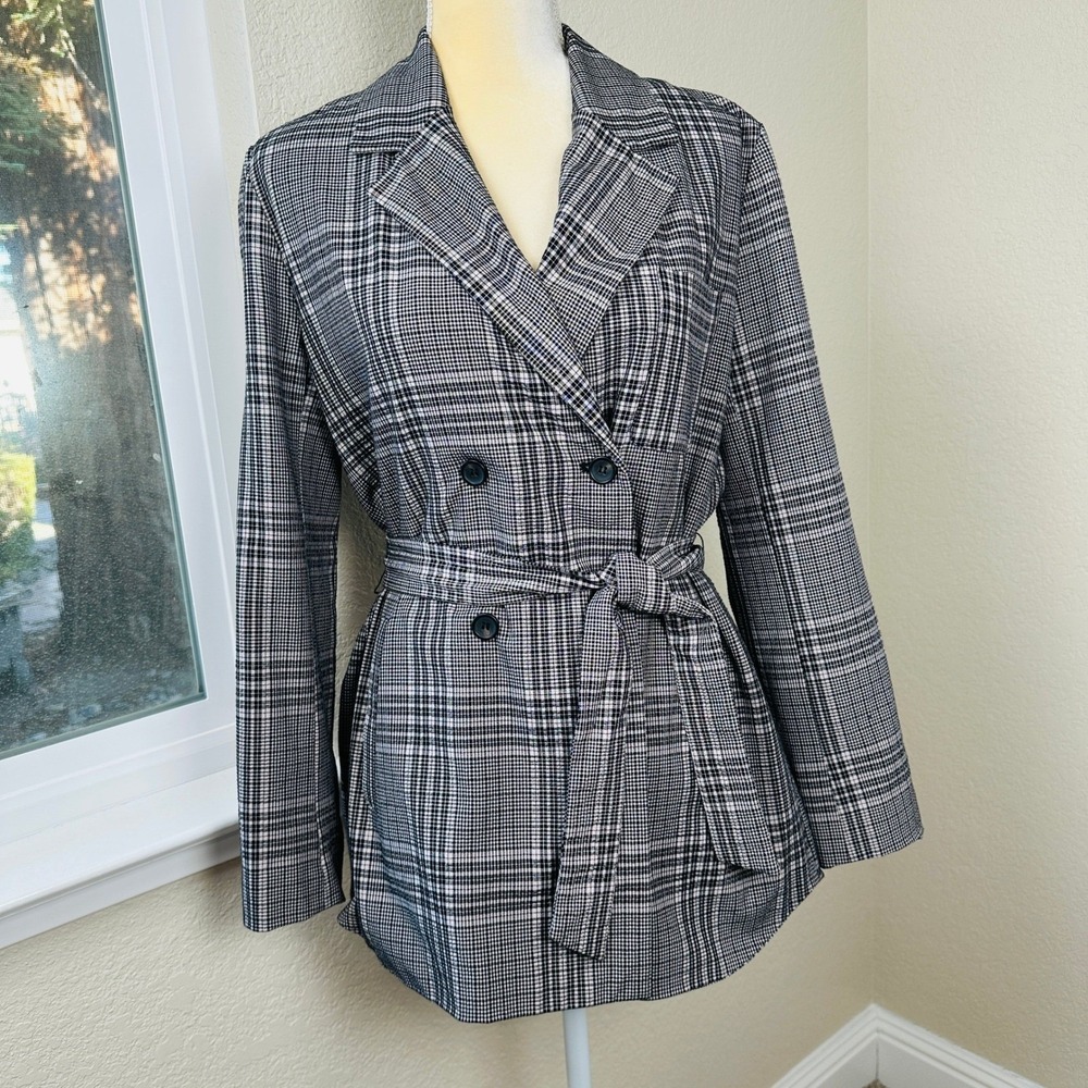 Zara Double Breasted Belted Blazer Jacket Womens S Plaid Checkered Business